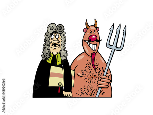 The Devil and a Judge's wig on a dark background