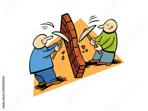 Two People Demolishing A Brick Wall Together With Pickaxes