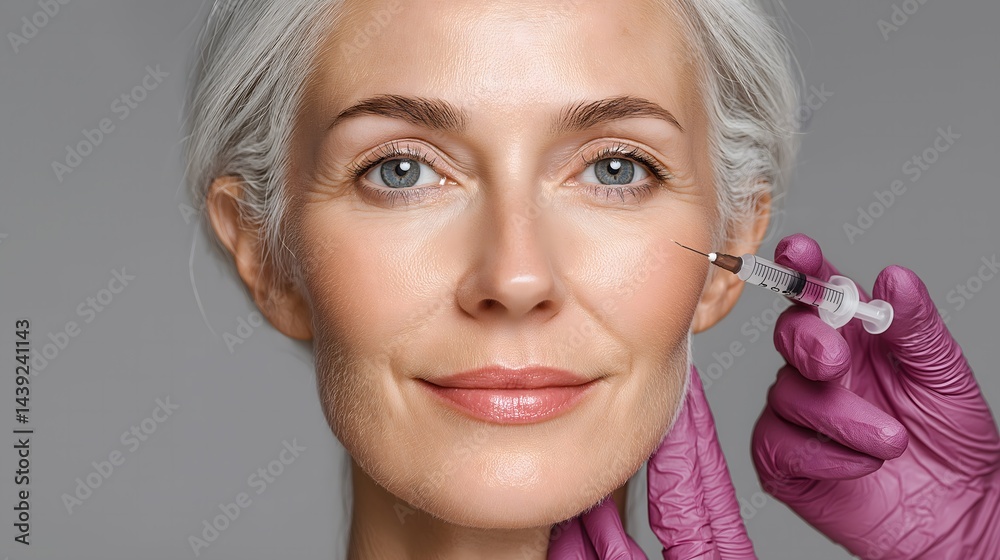 Middle-aged woman receiving skincare treatment, smiling confidently, in a serene clinic setting, emphasis on beauty and self-care.