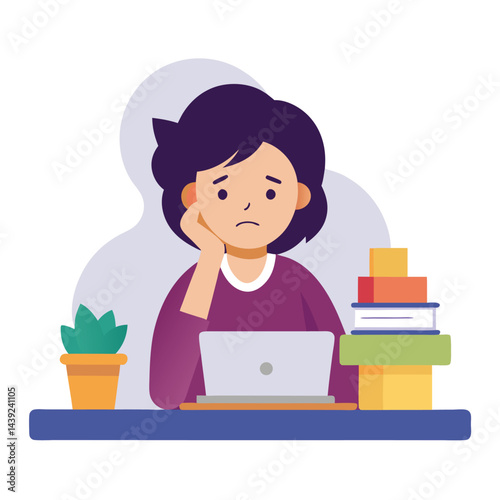 Bored woman sitting at desk. Tired sad office worker. Procrastination, burnout and boredom concept. Depressed upset exhausted lazy student. Flat vector illustration isolated on white background