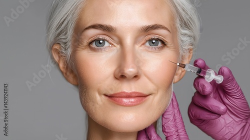 Obraz na płótnie Middle-aged woman receiving skincare treatment, smiling confidently, in a serene clinic setting, emphasis on beauty and self-care. w salonie