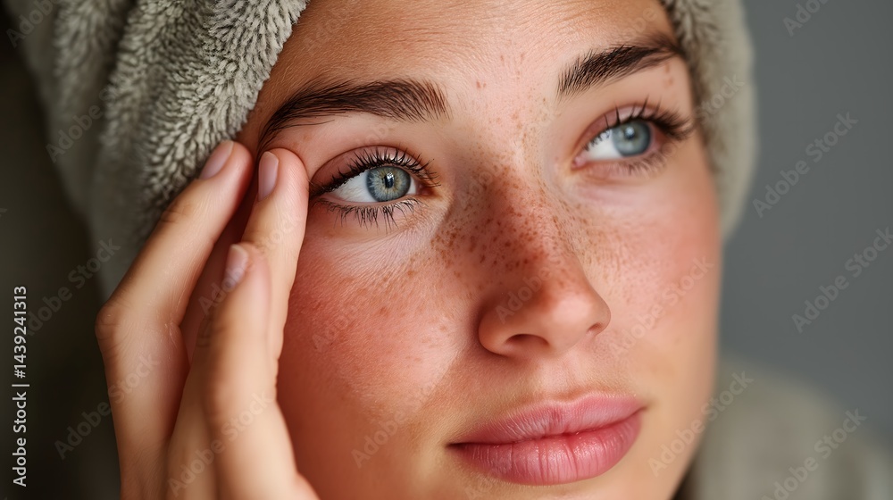 Contemplative woman with a towel on her head, younger female expressing quiet reflection in a serene indoor setting.