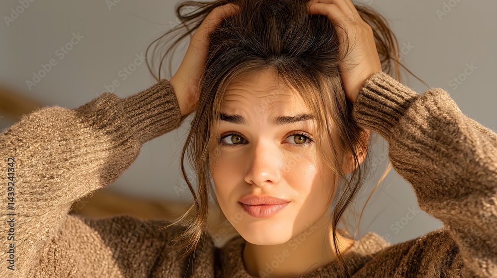 Smiling young woman in cozy sweater, casual home setting, expressing joy and warmth, inviting atmosphere for personal connection.