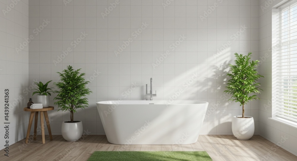 Fototapeta premium Bright bathroom interior with bathtub, plants, wooden stool and sunlight