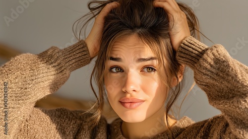Obraz na płótnie Smiling young woman in cozy sweater, casual home setting, expressing joy and warmth, inviting atmosphere for personal connection. w salonie