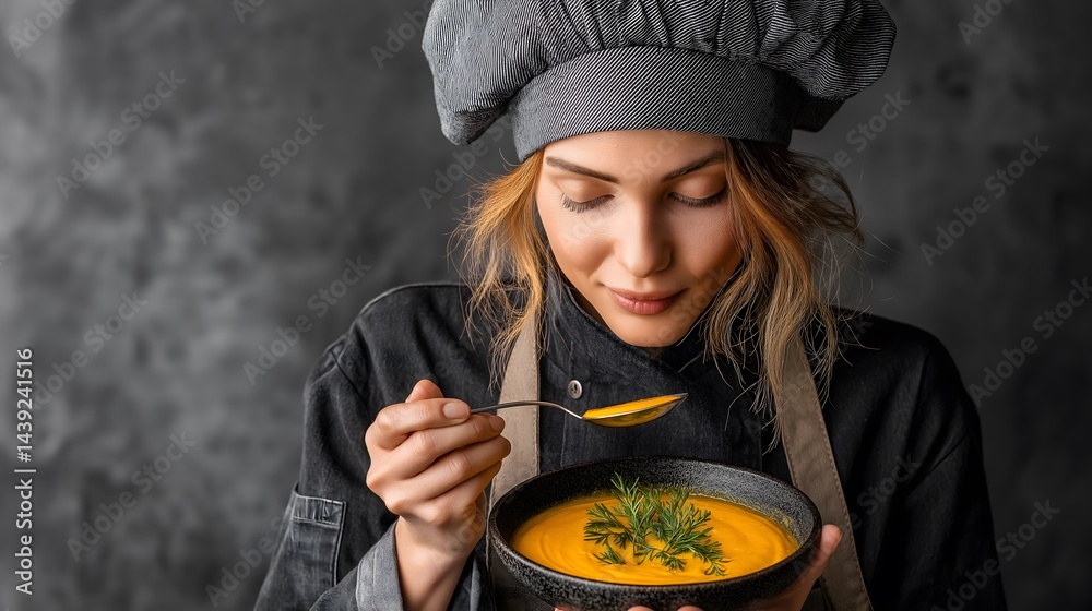 Cheerful young woman holding colorful plate, showcasing culinary skills, vibrant kitchen setting, inviting atmosphere.