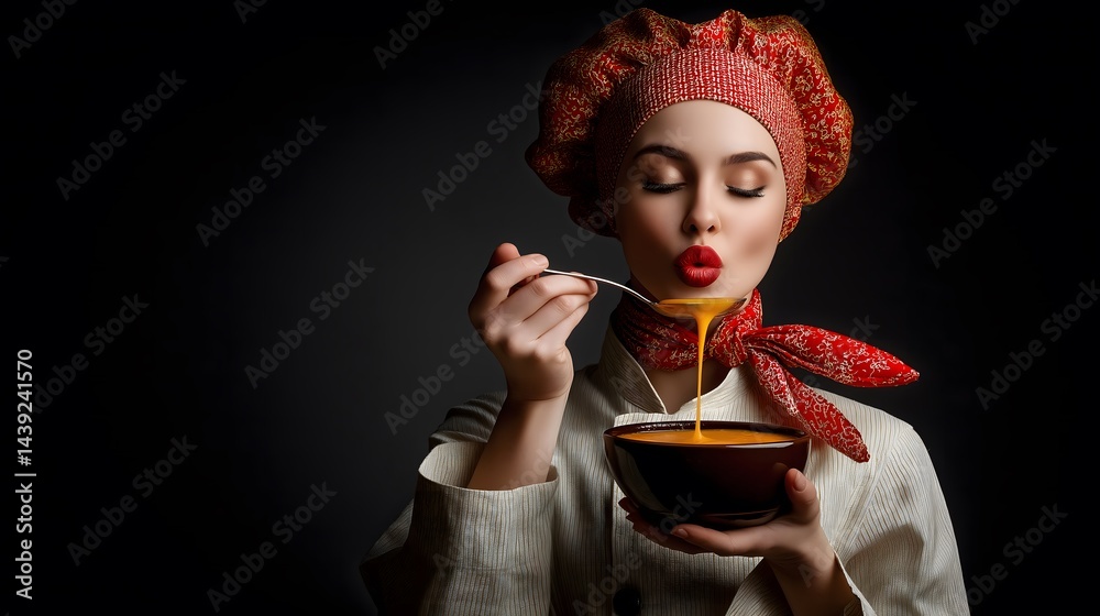 Woman in vintage attire, elegant red scarf, holding a letter, showcasing nostalgia and personal connection, room for text.