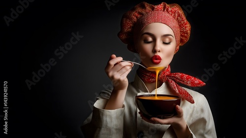 Obraz na płótnie Woman in vintage attire, elegant red scarf, holding a letter, showcasing nostalgia and personal connection, room for text. w salonie