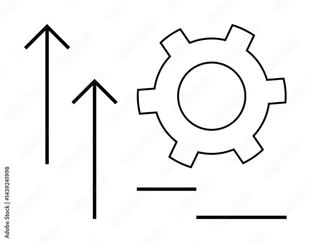 Gear alongside three upward arrows and horizontal lines symbolizing growth, efficiency, and progress. Ideal for innovation, optimization, productivity, leadership, teamwork, success and simple Gear alongside three upward arrows and horizontal lines symbolizing growth, efficiency, and progress. Ideal for innovation, optimization, productivity, leadership, teamwork, success and simple
