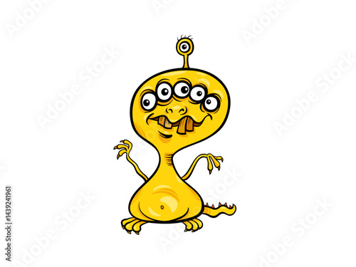 A Yellow Alien Monster with Multiple Eyes Against a Black Background