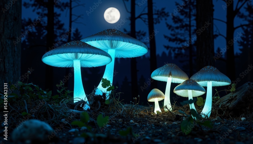 Fototapeta premium Glowing mushrooms illuminated by moonlight in a dark forest 