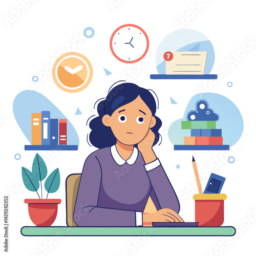 Bored woman sitting at desk. Tired sad office worker. Procrastination, burnout and boredom concept. Depressed upset exhausted lazy student. Flat vector illustration isolated on white background