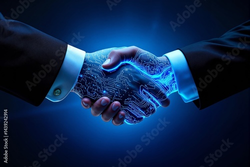 Business handshake between human and futuristic digital hand on dark background.