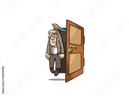 Funny Dismissal of a man from work hanging in door