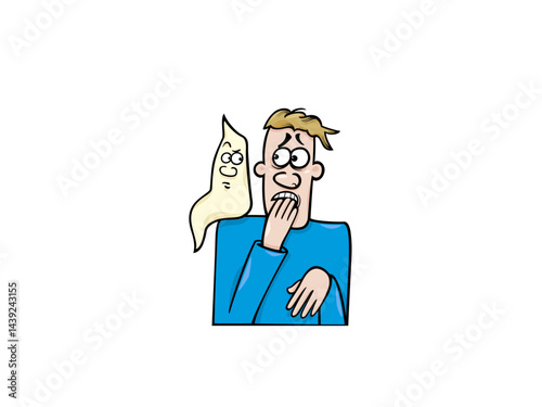Man terrified by a funny ghost cartoon illustration art