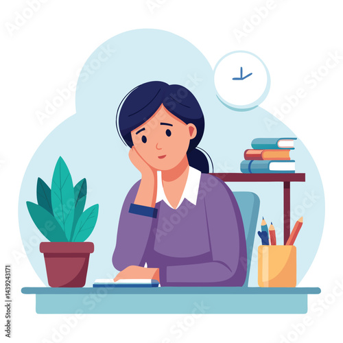 Bored woman sitting at desk. Tired sad office worker. Procrastination, burnout and boredom concept. Depressed upset exhausted lazy student. Flat vector illustration isolated on white background