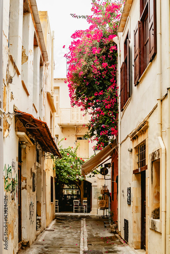 A beautifully picturesque alleyway adorned with vibrant, lush bougainvillea situated in a serene village setting. Rethymno town, Crete island, Greece.