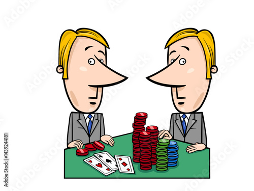 Cartoon of Two Men Playing Poker With Cards Chips