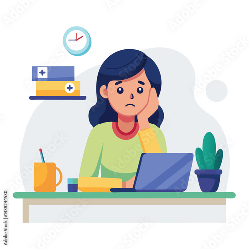Bored woman sitting at desk. Tired sad office worker. Procrastination, burnout and boredom concept. Depressed upset exhausted lazy student. Flat vector illustration isolated on white background