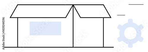 Minimalist house outline with open roof, window, and gear icon nearby. Ideal for construction, architecture, engineering, innovation, planning, housing teamwork flat simple metaphor
