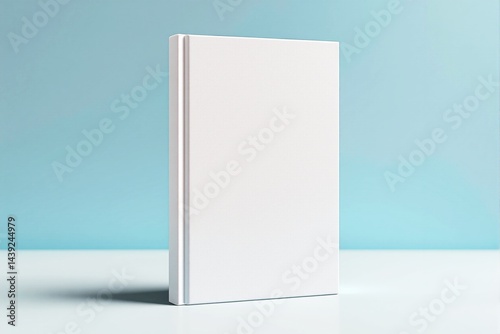 Blank white book mockup standing upright on a clean surface with a soft blue background. photo