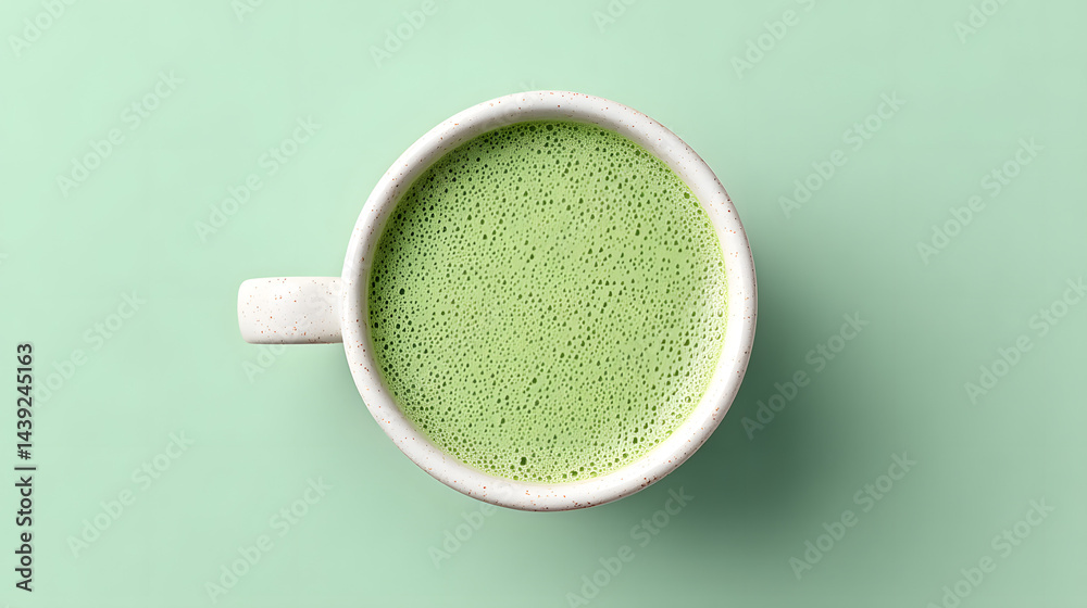 Top-down close-up photo of a perfectly made matcha latte.