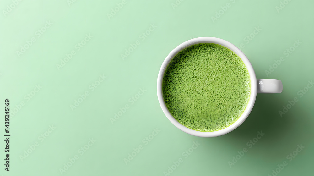 Top-down close-up photo of a perfectly made matcha latte.