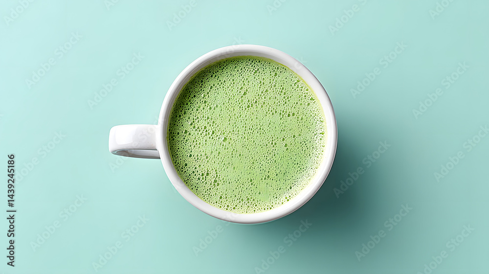 Top-down close-up photo of a perfectly made matcha latte.