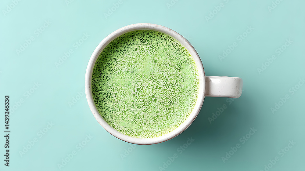 Top-down close-up photo of a perfectly made matcha latte.