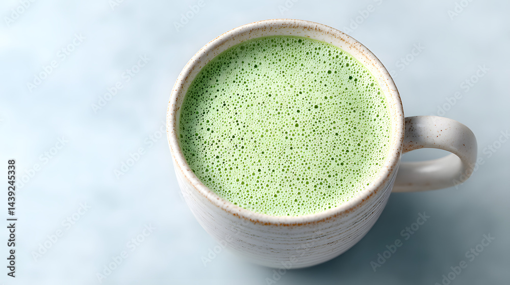 Top-down close-up photo of a perfectly made matcha latte.