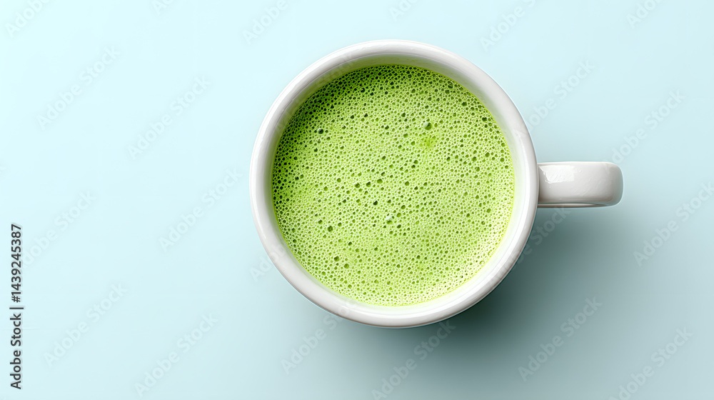 Top-down close-up photo of a perfectly made matcha latte.