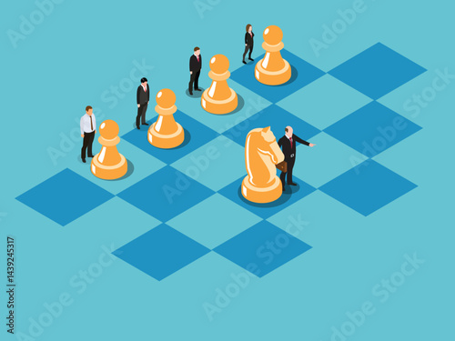chessboard with businesspeople as chess pieces, representing a strategic business game