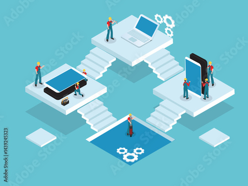 software or application development team collaboratively working on different platforms, including mobile, tablet, and desktop, connected by a central network15Apr2