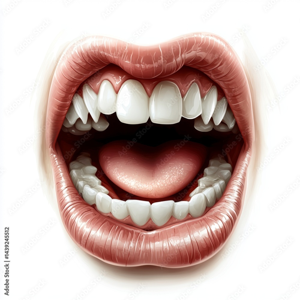 Obraz premium Close-up View of an Open Mouth with Healthy Teeth and Heart-Shaped Tongue