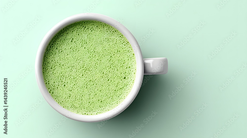 Top-down close-up photo of a perfectly made matcha latte.