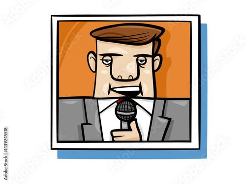 Cartoon Man Talking With a Microphone and Serious Expression