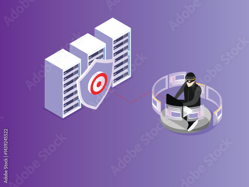 hacker accessing data servers protected by a shield with a target symbol, representing cyberattack and data security