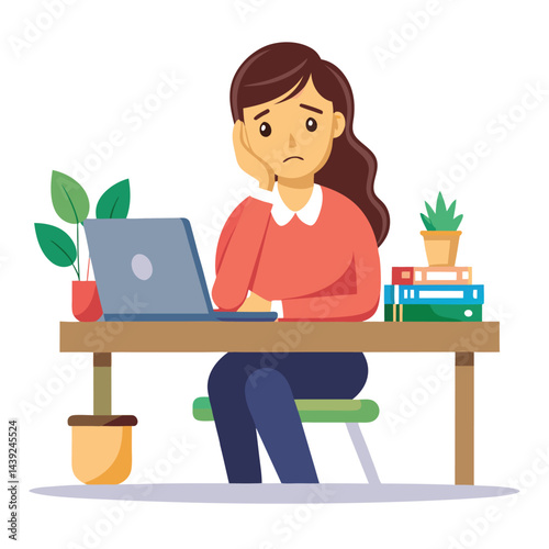 Bored woman sitting at desk. Tired sad office worker. Procrastination, burnout and boredom concept. Depressed upset exhausted lazy student. Flat vector illustration isolated on white background
