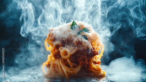 Bolognese Pasta With Slow-Cooked Meat Sauce, Parmesan And Parsley Topping, Steaming Hot For Family-Style Italian Bistro Ad
