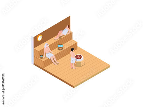 sauna interior with three individuals relaxing on wooden benches15Apr5
