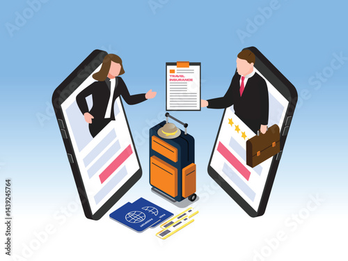 two individuals exchanging travel insurance documents through their smartphones, with a suitcase, passports, and other travel-related items in between15Apr6