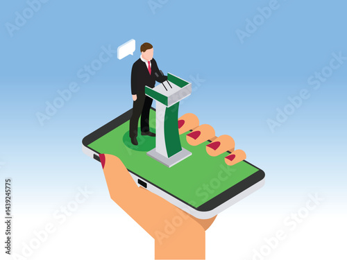 a hand holding a smartphone with a speaker standing at a podium on the screen, suggesting a virtual event, online conference, or digital speech