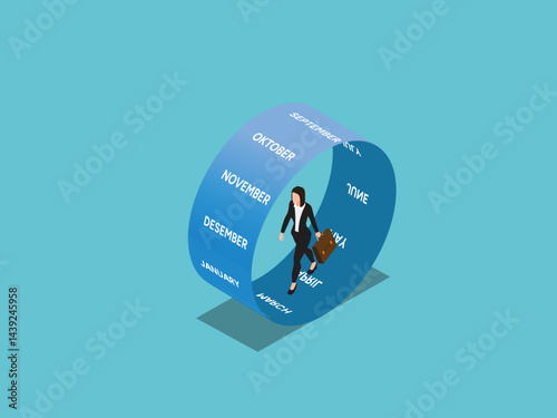 a businesswoman walking on a circular path representing the months of the year, suggesting the progression of time