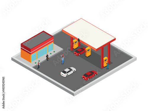 gas station with fuel pumps, a convenience store, parked cars, and people