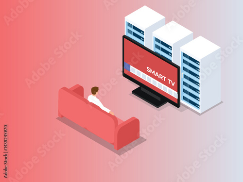 person sitting on a red sofa watching a SMART TV with three server racks behind the television