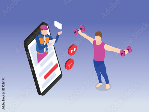 man exercising with dumbbells while receiving online fitness coaching or medical advice from a professional appearing on a large smartphone screen