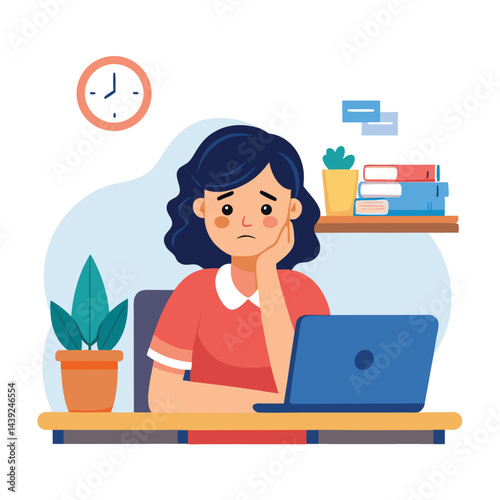 Bored woman sitting at desk. Tired sad office worker. Procrastination, burnout and boredom concept. Depressed upset exhausted lazy student. Flat vector illustration isolated on white background