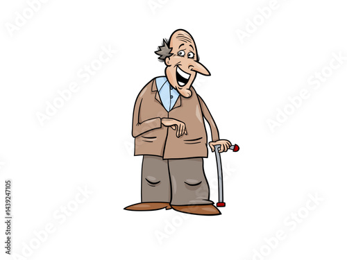 Cheerful Cartoon Grandfather Leaning on Cane Full of Smiles