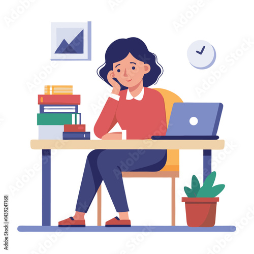 Bored woman sitting at desk. Tired sad office worker. Procrastination, burnout and boredom concept. Depressed upset exhausted lazy student. Flat vector illustration isolated on white background