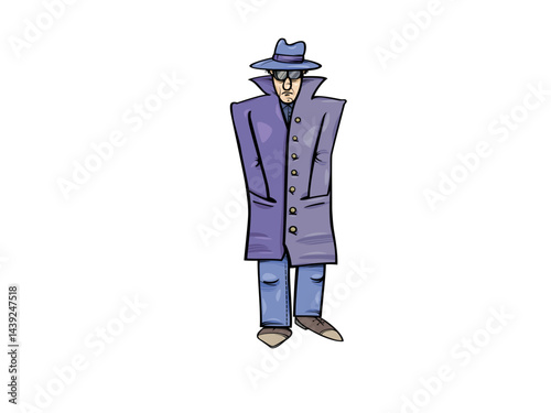 Mystery Man in Coat Hat and Glasses Cartoon Style Character